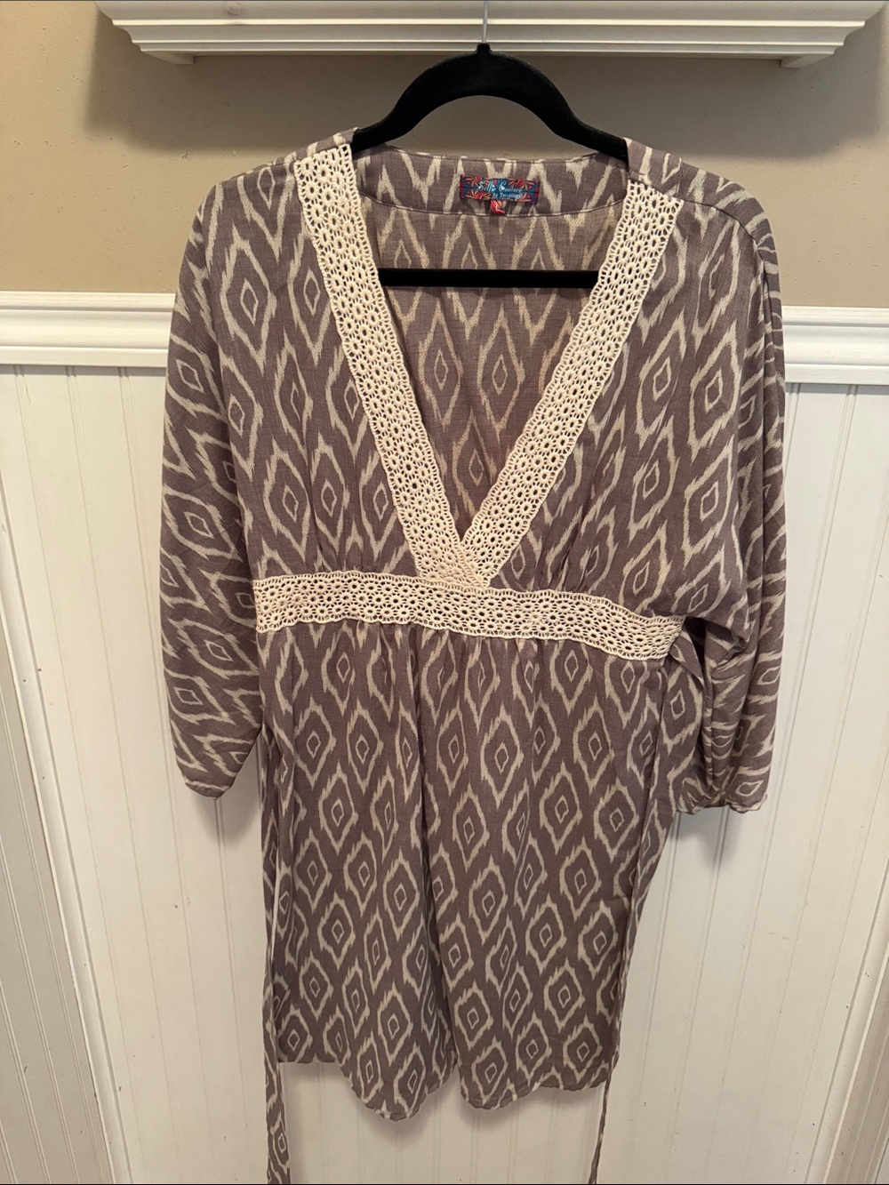 Taupe Ikat Midi Dress with Cream Lace Trim and V-Neck